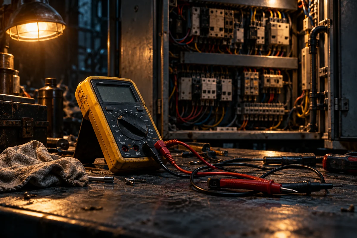 A multimeter and test leads on a dimly lit industrial troubleshooting workbench