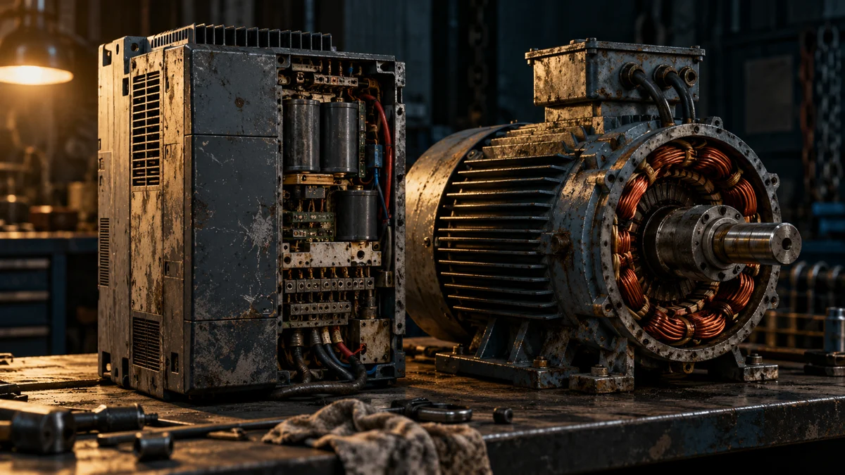 A motor drive and industrial motor examined under workshop light