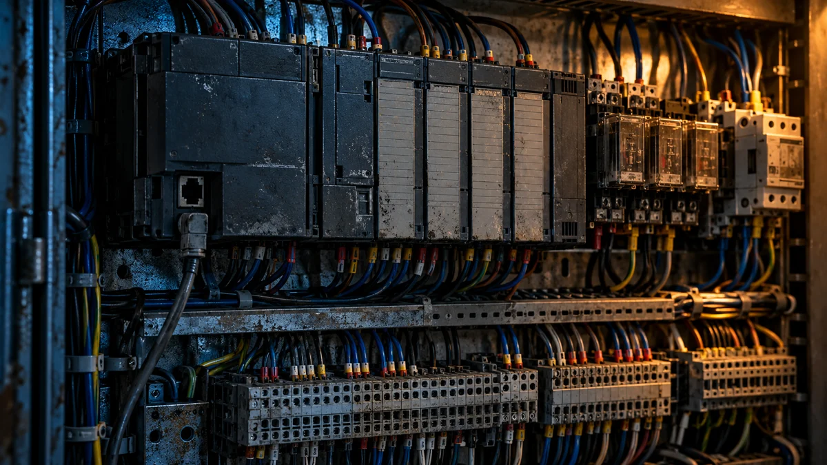 Relays and terminals inside an industrial control cabinet